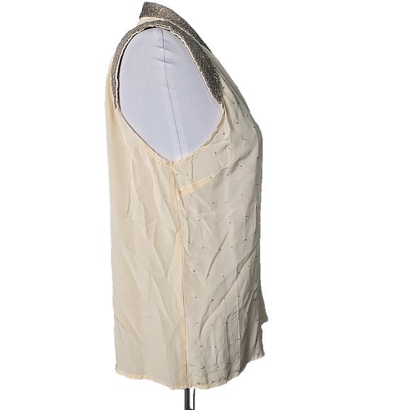 Aryn K. Cream SILK Beaded Hidden-Button-Front Top Size Large L Sleeveless - Picture 4 of 10